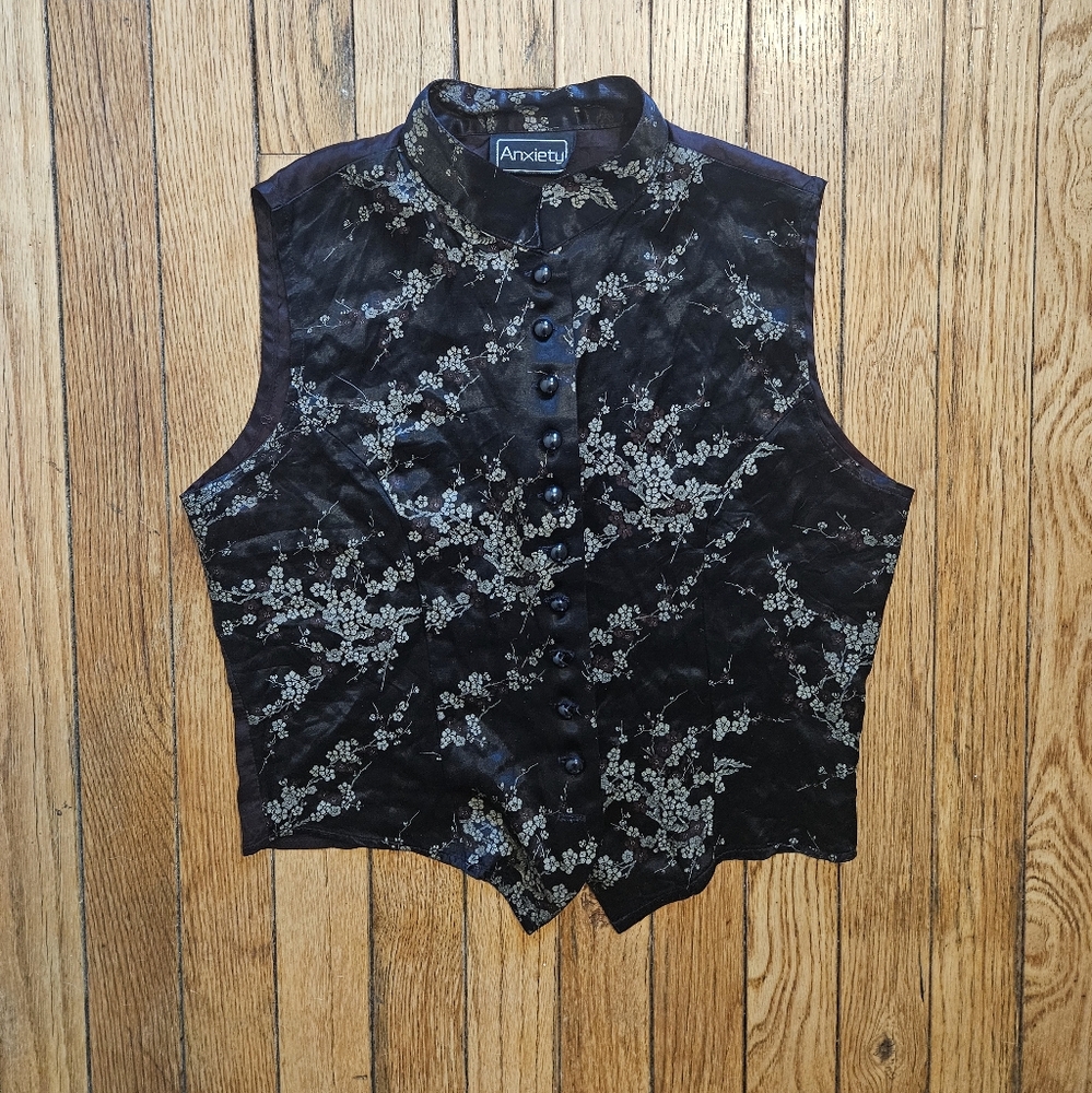 Anxiety Vintage 90s Y2K Black Floral Chinese Top
